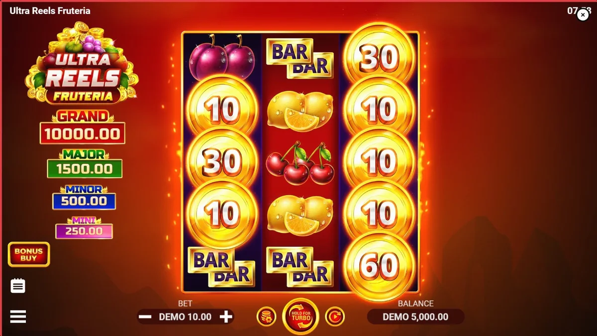 Tampilan visual slot Ultra Reels Fruteria dengan simbol buah-buahan cerah dan elemen jackpot.