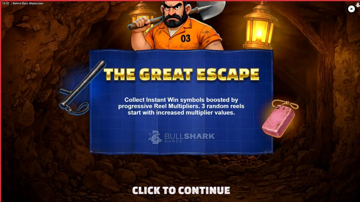 Tampilan visual slot Behind Bars Masterplan dengan tema pelarian penjara