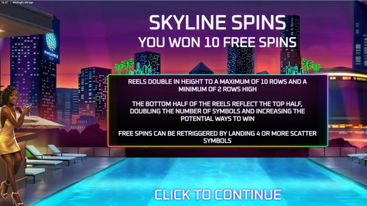 Tampilan visual neon dari slot Midnight Mirage dengan latar belakang rooftop bar yang mewah.
